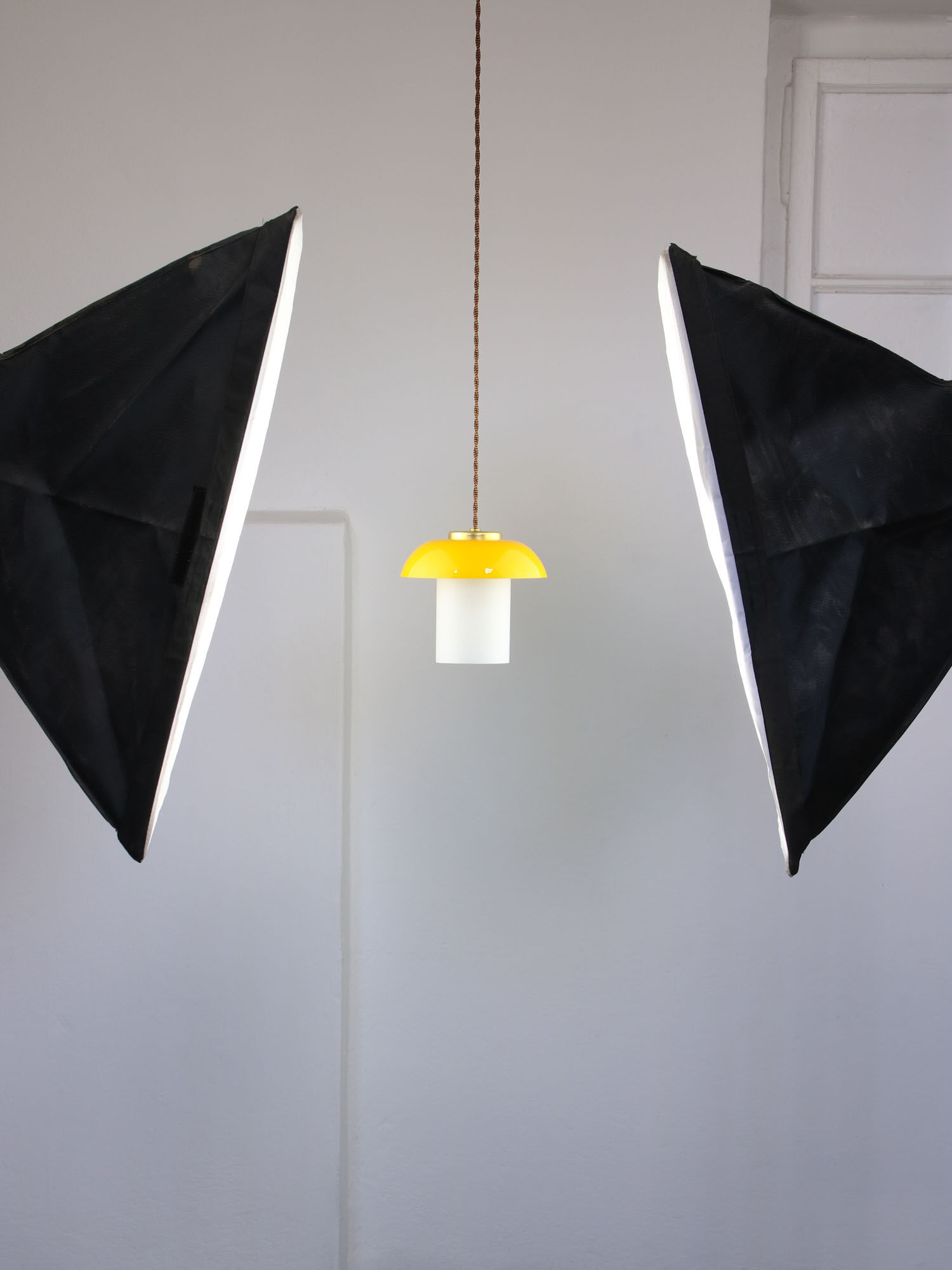 Mid-century yellow glass & brass mushroom pendant lamp
