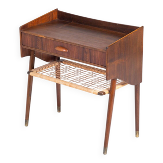 Side Table in Rosewood with Drawer and Rattan Shelf, Denmark, 1960s