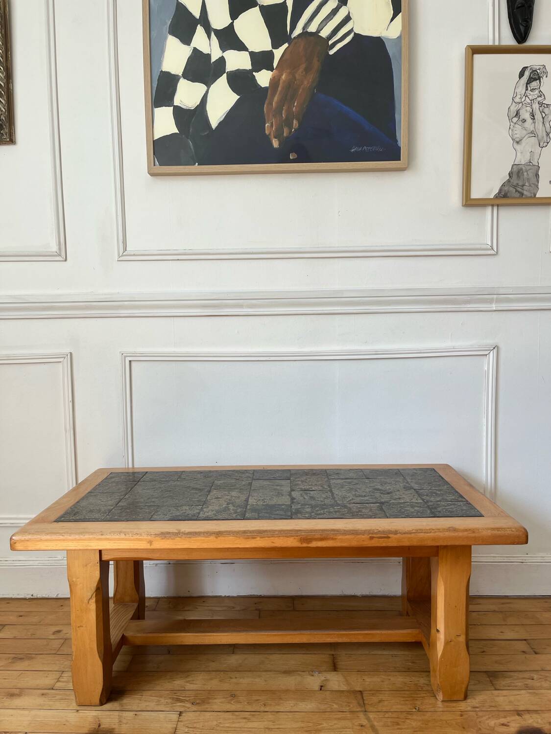 Brutalist wood and ceramic coffee table