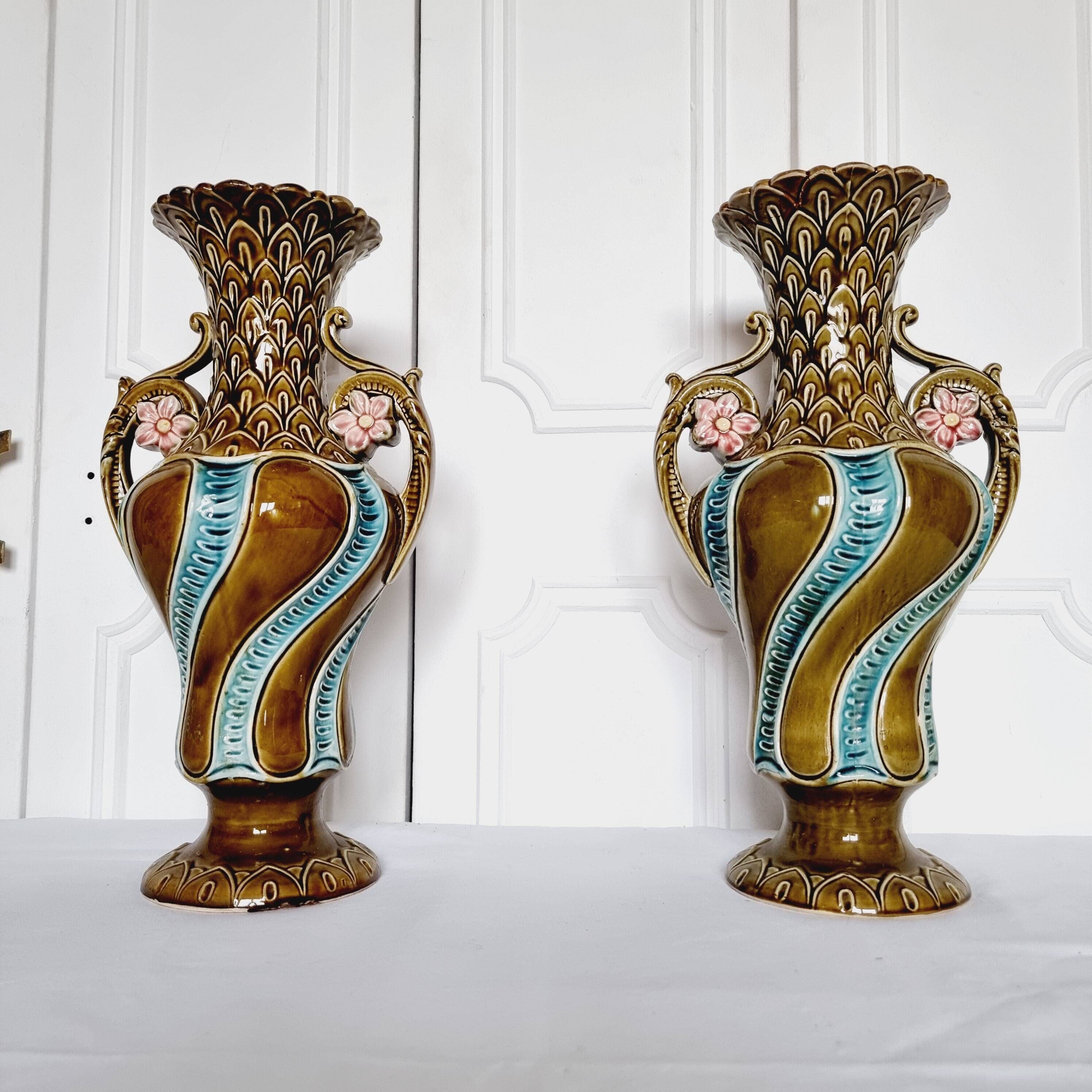 2 Vases from the 1900s-1920s in French Ceramic Onnaing Barbotine Art Nouveau