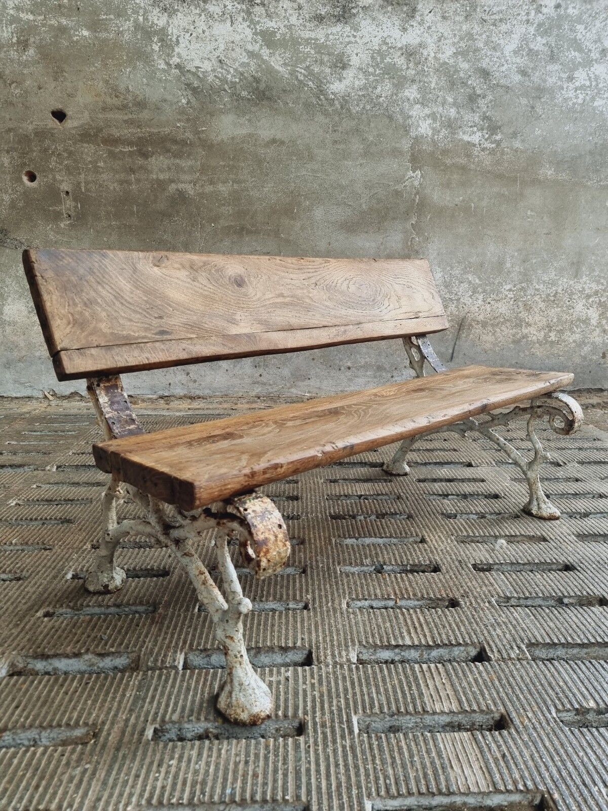 Antique garden bench oak on cast iron legs 125 cm
