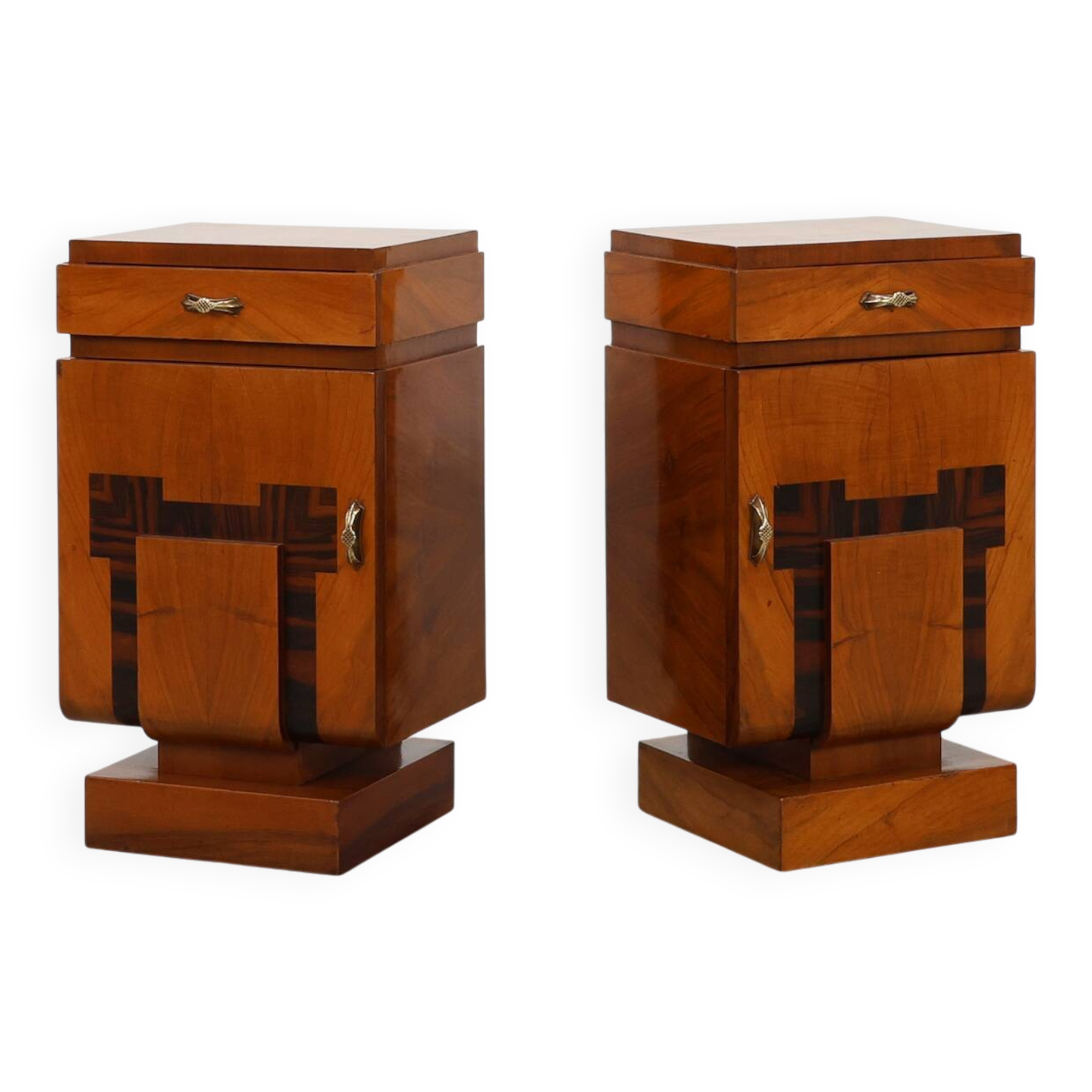 Set of Two Geometric Art Deco Wooden Nightstands, Italy 1920s