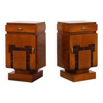 Set of Two Geometric Art Deco Wooden Nightstands, Italy 1920s