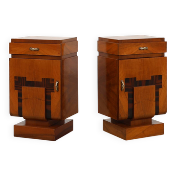 Set of Two Geometric Art Deco Wooden Nightstands, Italy 1920s