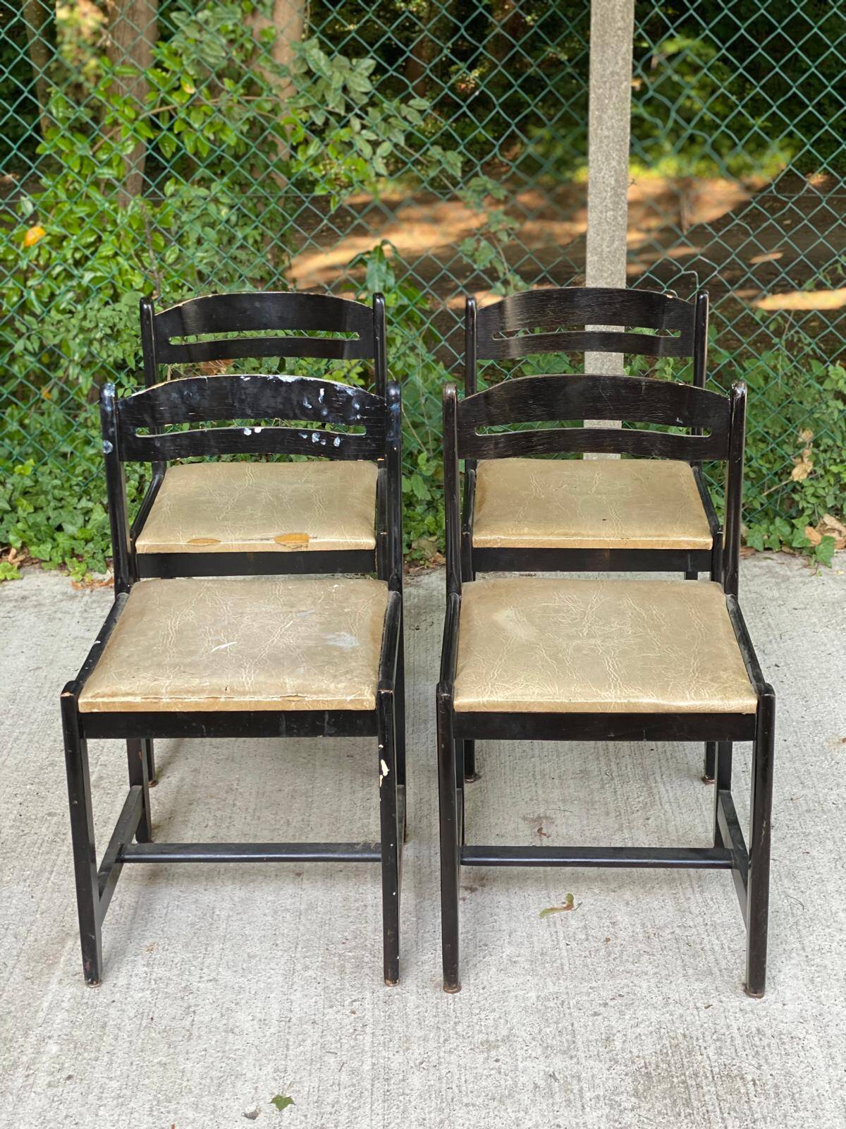 4 black solid wood and beige leather chairs from the 80s