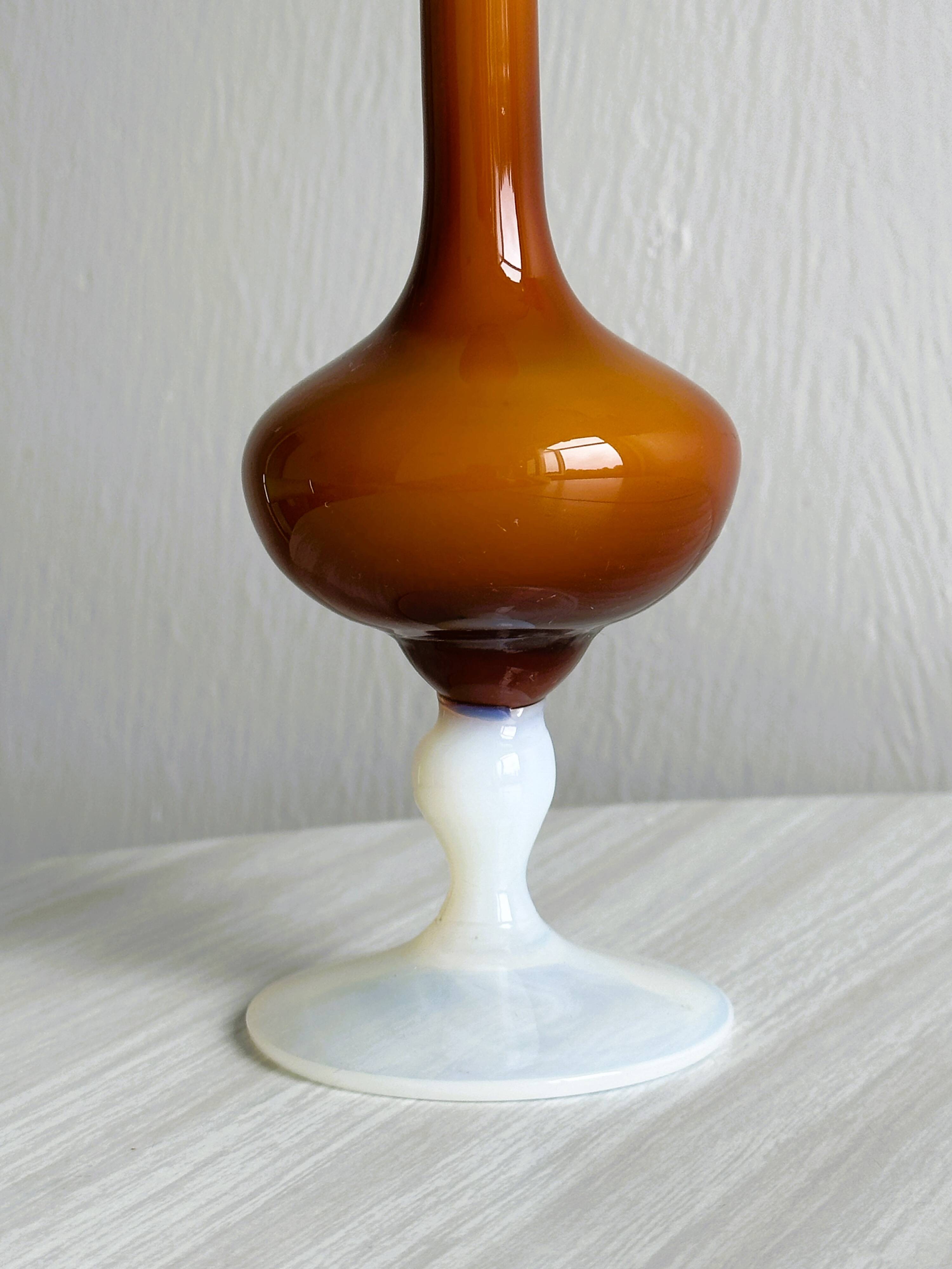 Vintage opaline soliflore vase in two-tone amber and white glass on foot
