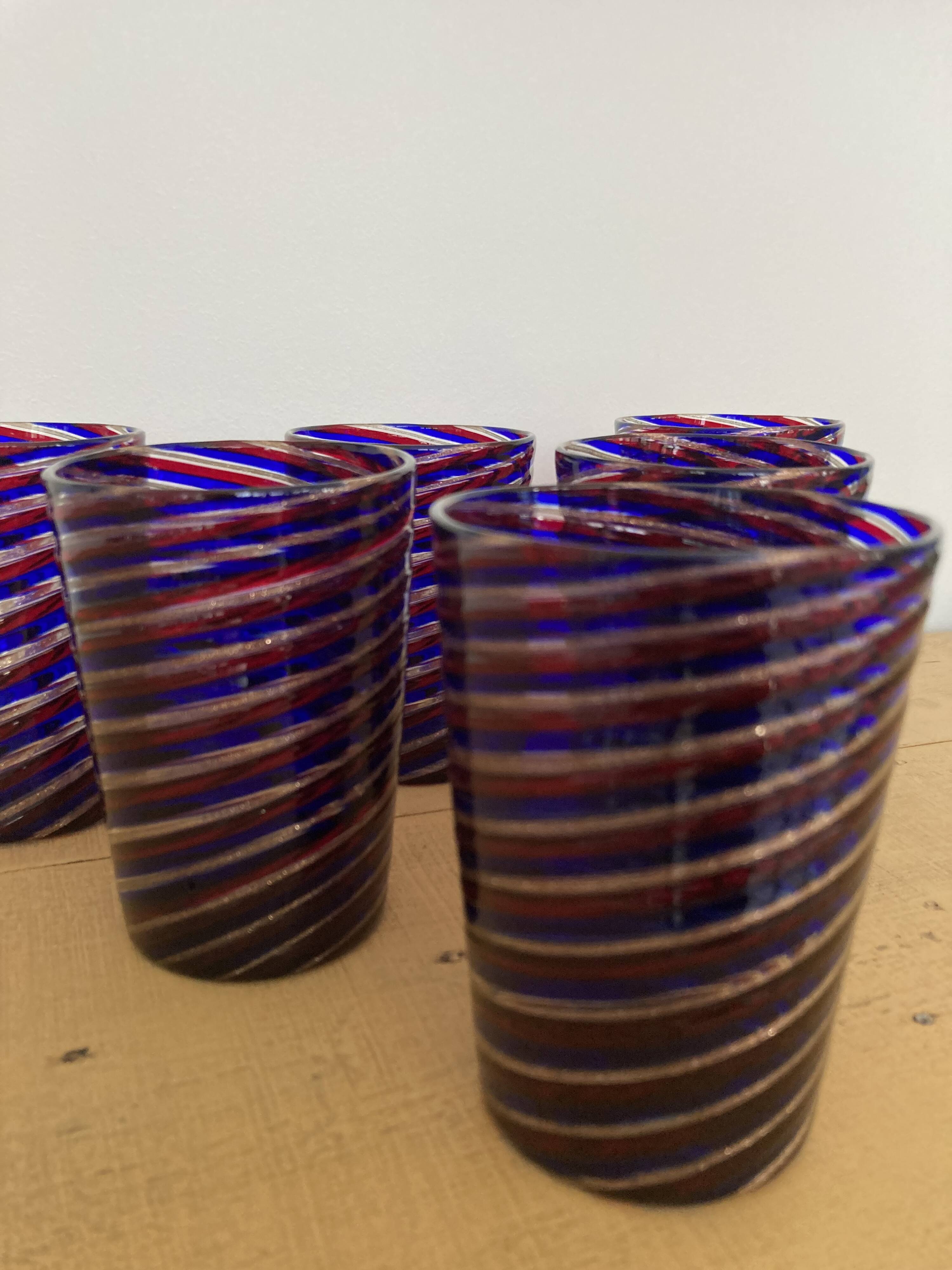 6 verres gobelets d'art Murano spirales tricolores