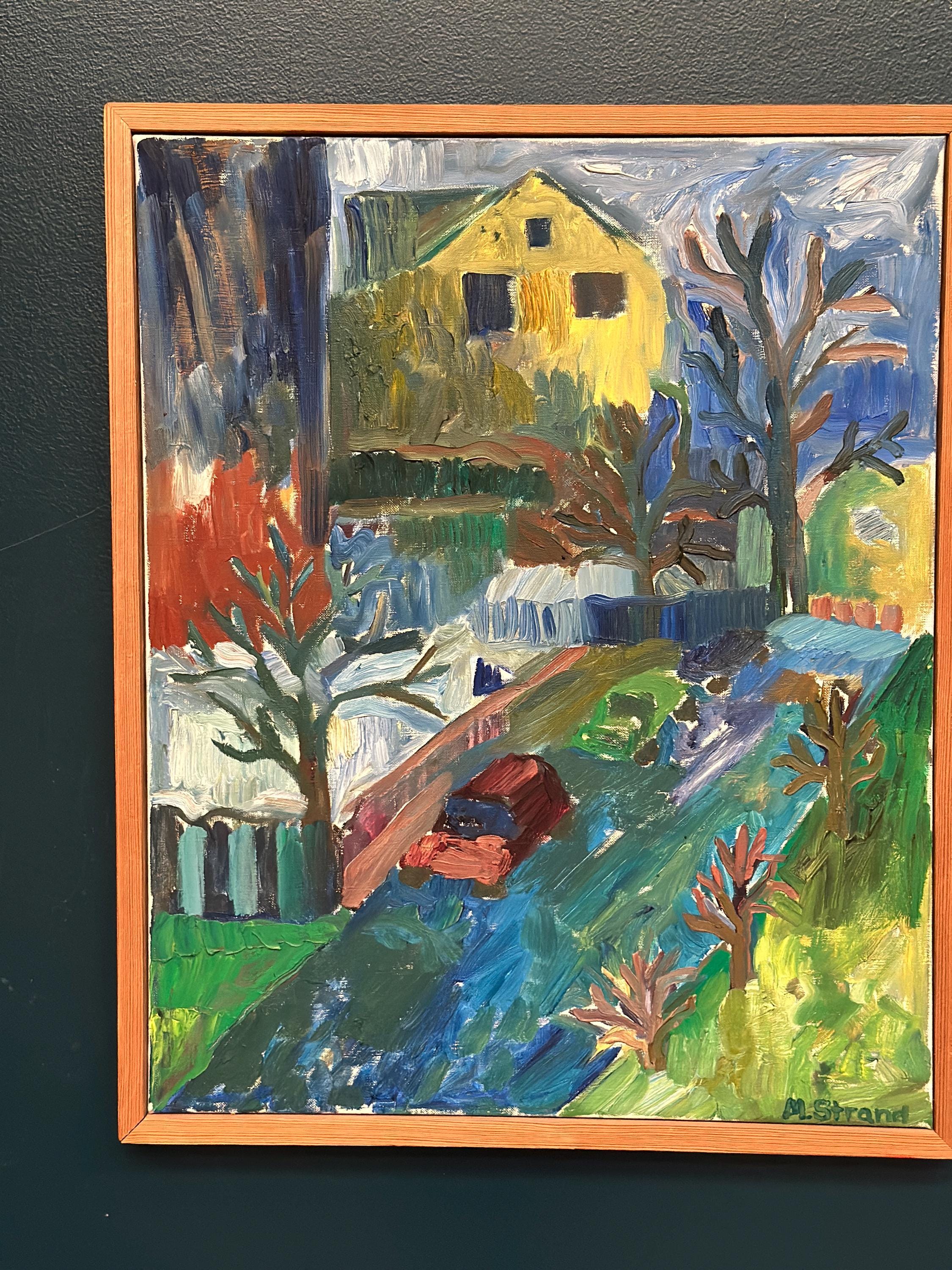 Huile sur toile originale suédoise – « Paysage urbain » par Margareta Strand – Vintage et encadrée – 62 × 50,5 cm (24,4" × 19,9")
