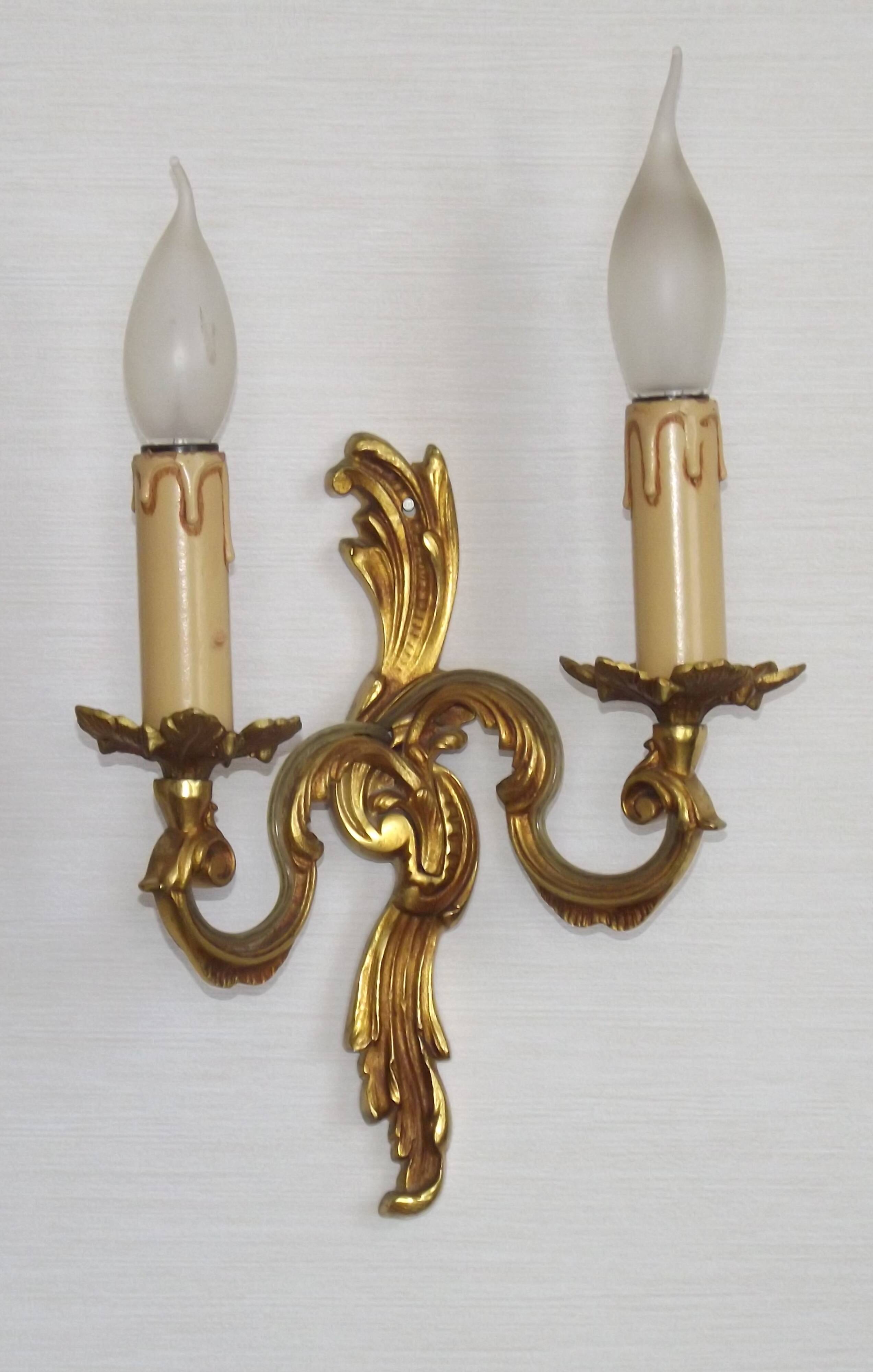 Stylish Vintage French Bronze Double Wall Sconces with Acanthus Leaf Detail
