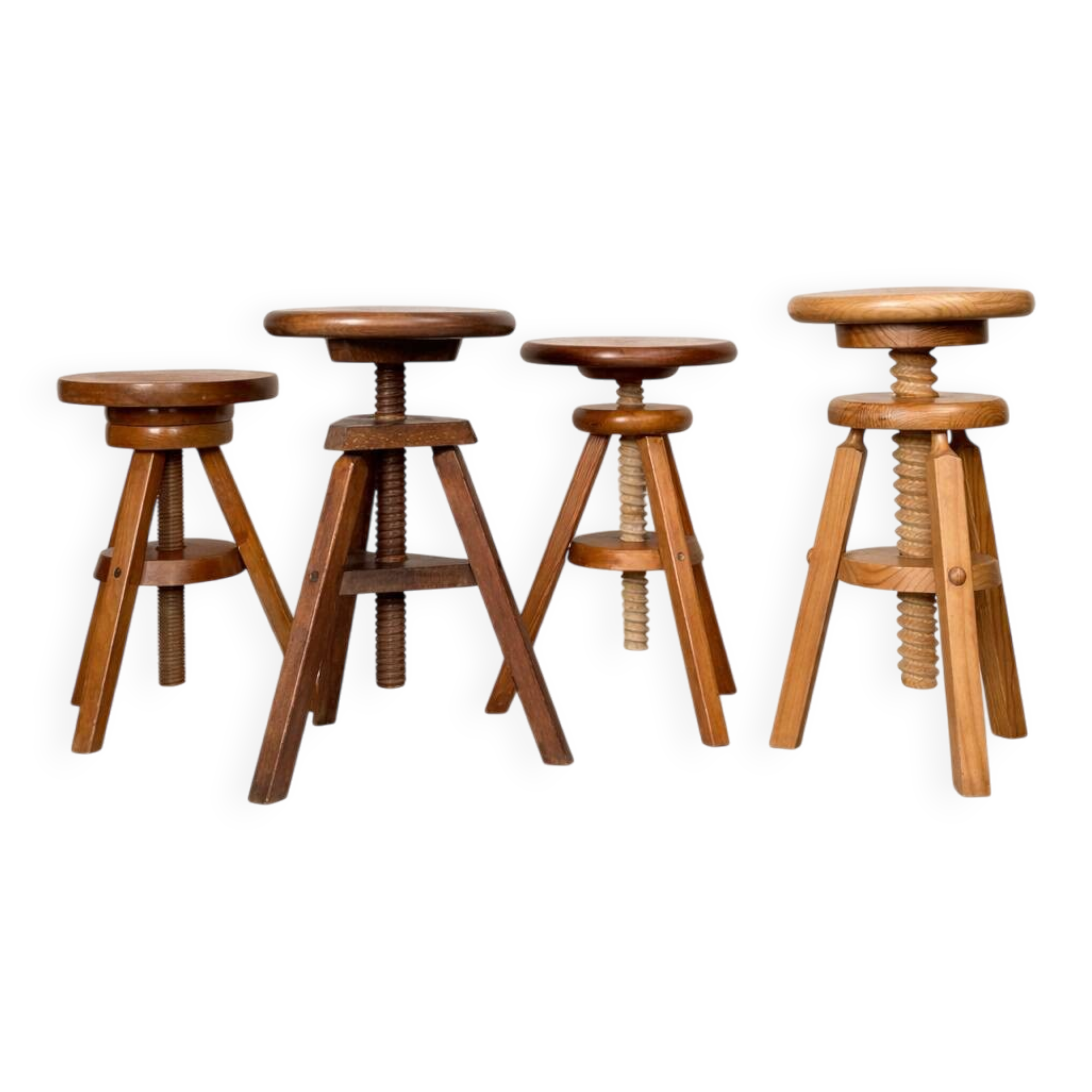 Set of 4 wooden screw stools.