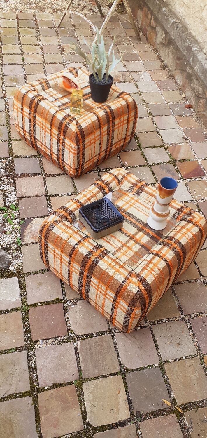 Pair of vintage 70s fabric coffee tables with glass tops