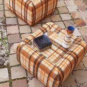 Pair of vintage 70s fabric coffee tables with glass tops