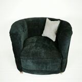 19th century black upholstered victorian tub chair on brass casters