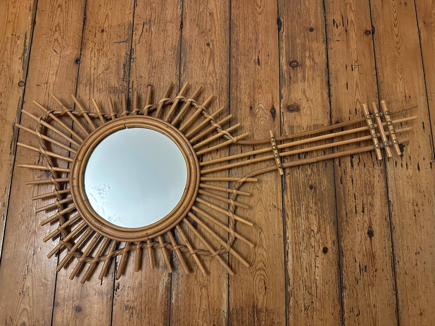 Vintage guitar-shaped rattan mirror