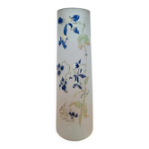 Antique frosted glass vase with hand-painted raised iris decoration, signed Hr