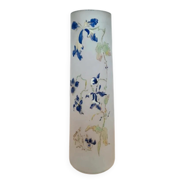 Vase ancien en verre givré décor iris peint main en relief signé Hr