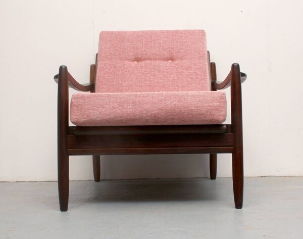 Fauteuil années 1960 rose pâle, coussins neufs