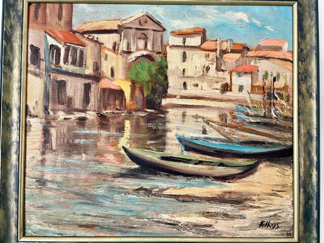 Painting signed Filhos oil on panel 1950 "Martigues"