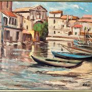 Tableau signé Filhos huile sur panneau 1950  "Martigues"