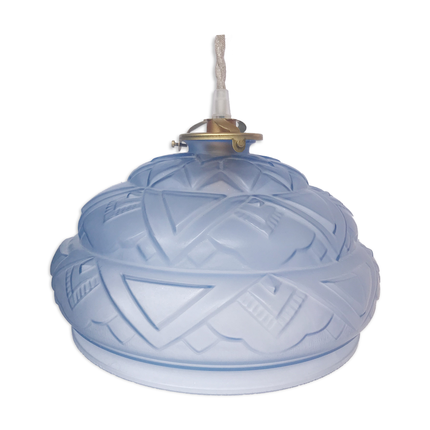 Blue Art Deco motif pendant light in pressed molded glass