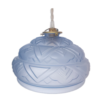 Blue Art Deco motif pendant light in pressed molded glass