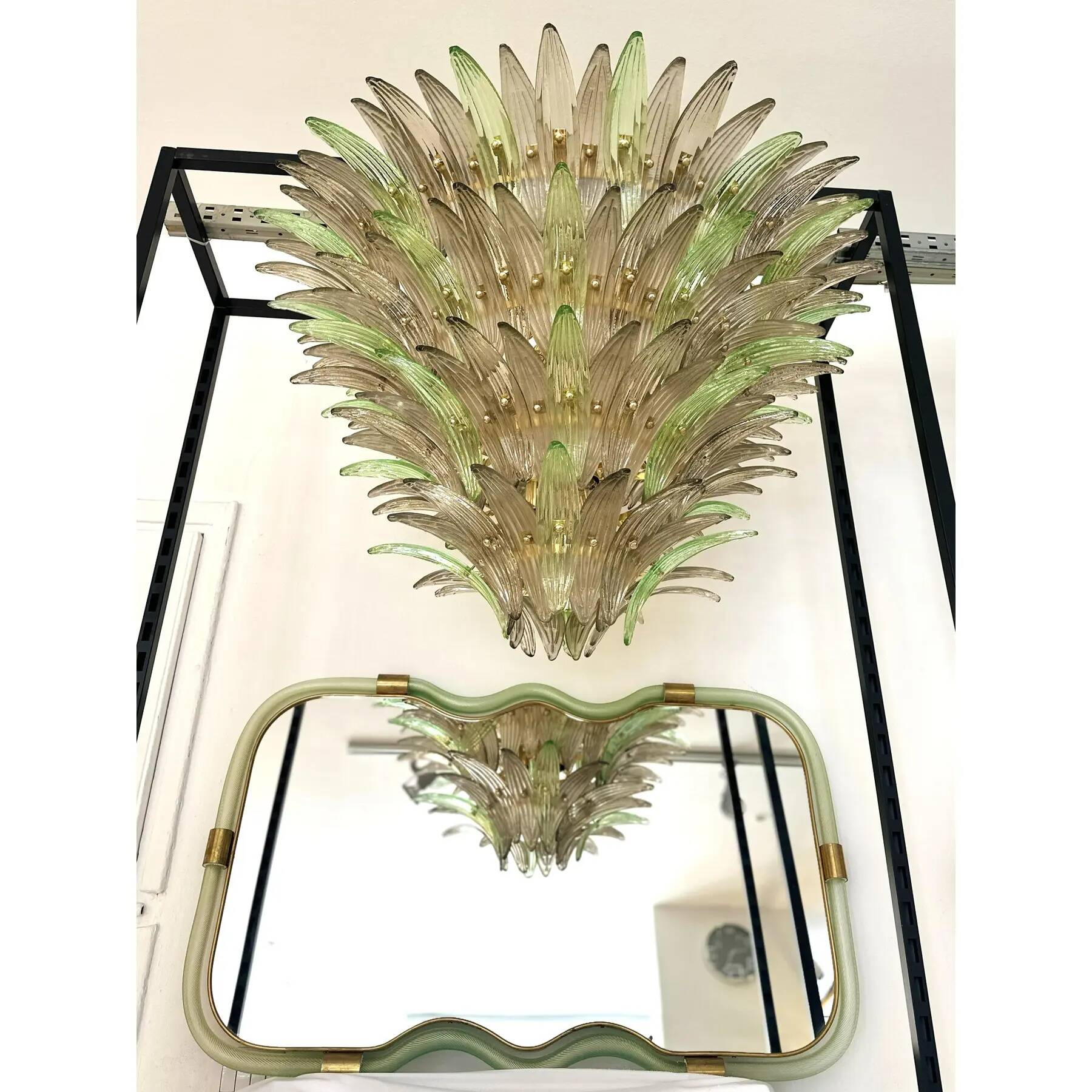 Luxury Venetian Smoked-Fumè and Green “Palmette” Murano Glass Plating Gold