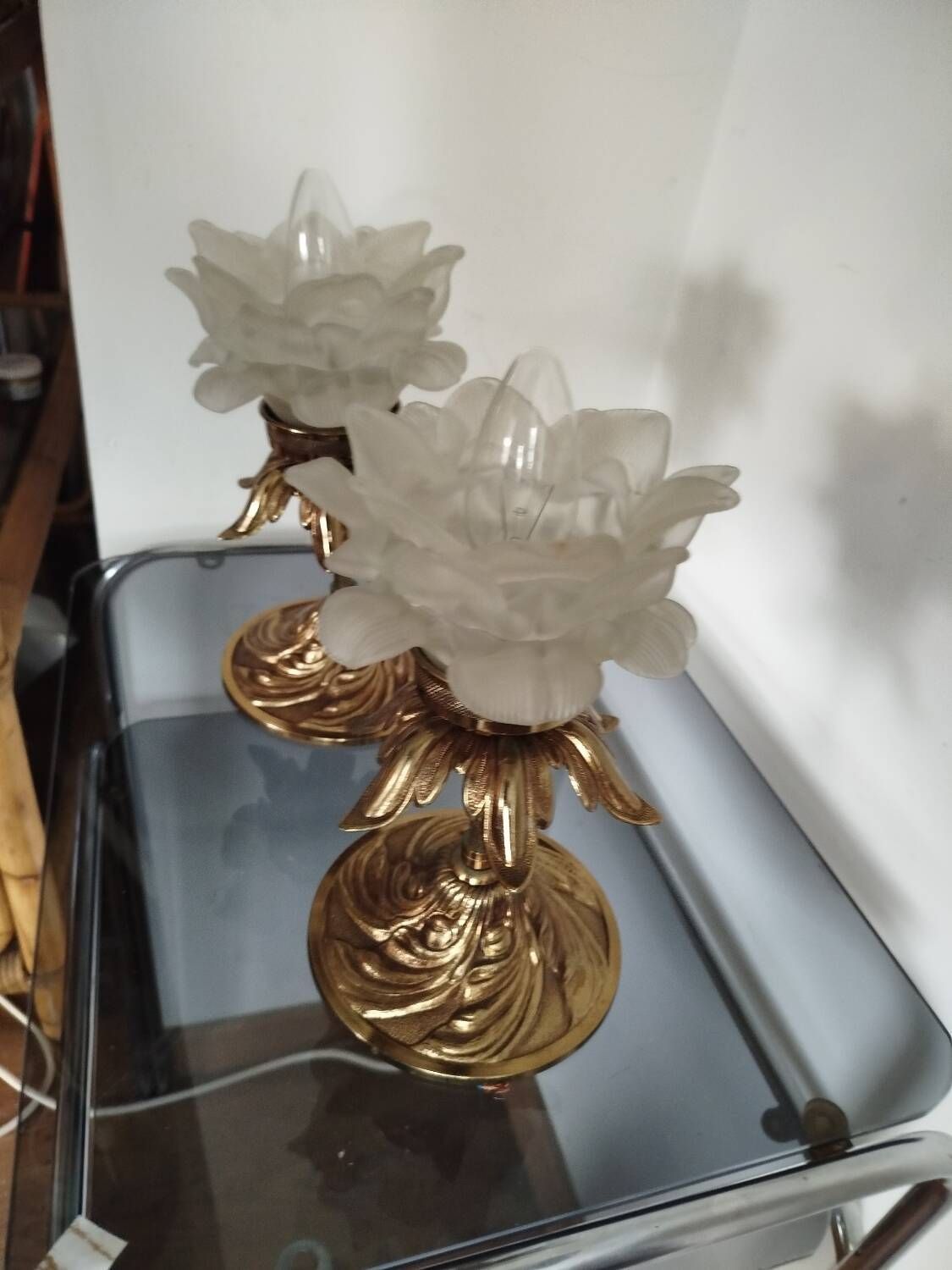 Pair of vintage floral wall lights or small pendant lights – glass deposition