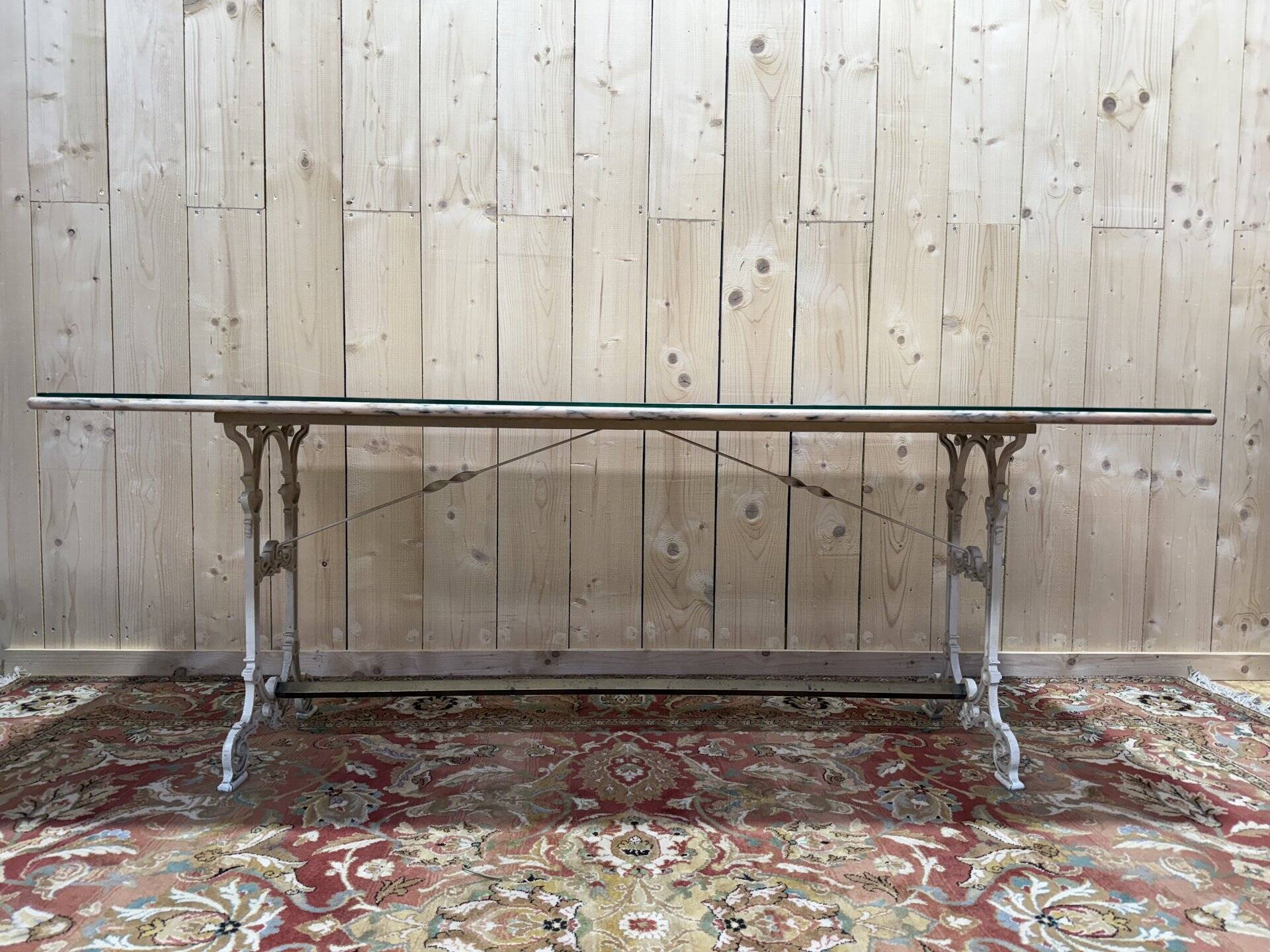 Large Art Nouveau brasserie table in iron and marble