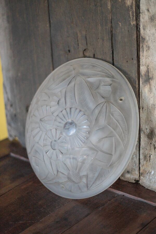 Vasque lustre art déco signée Degué vintage, vasque suspension fleurie