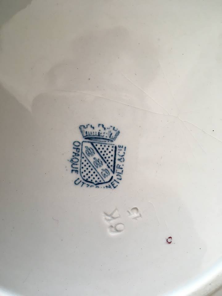 Together six dinner plates old mismatched bluish green.