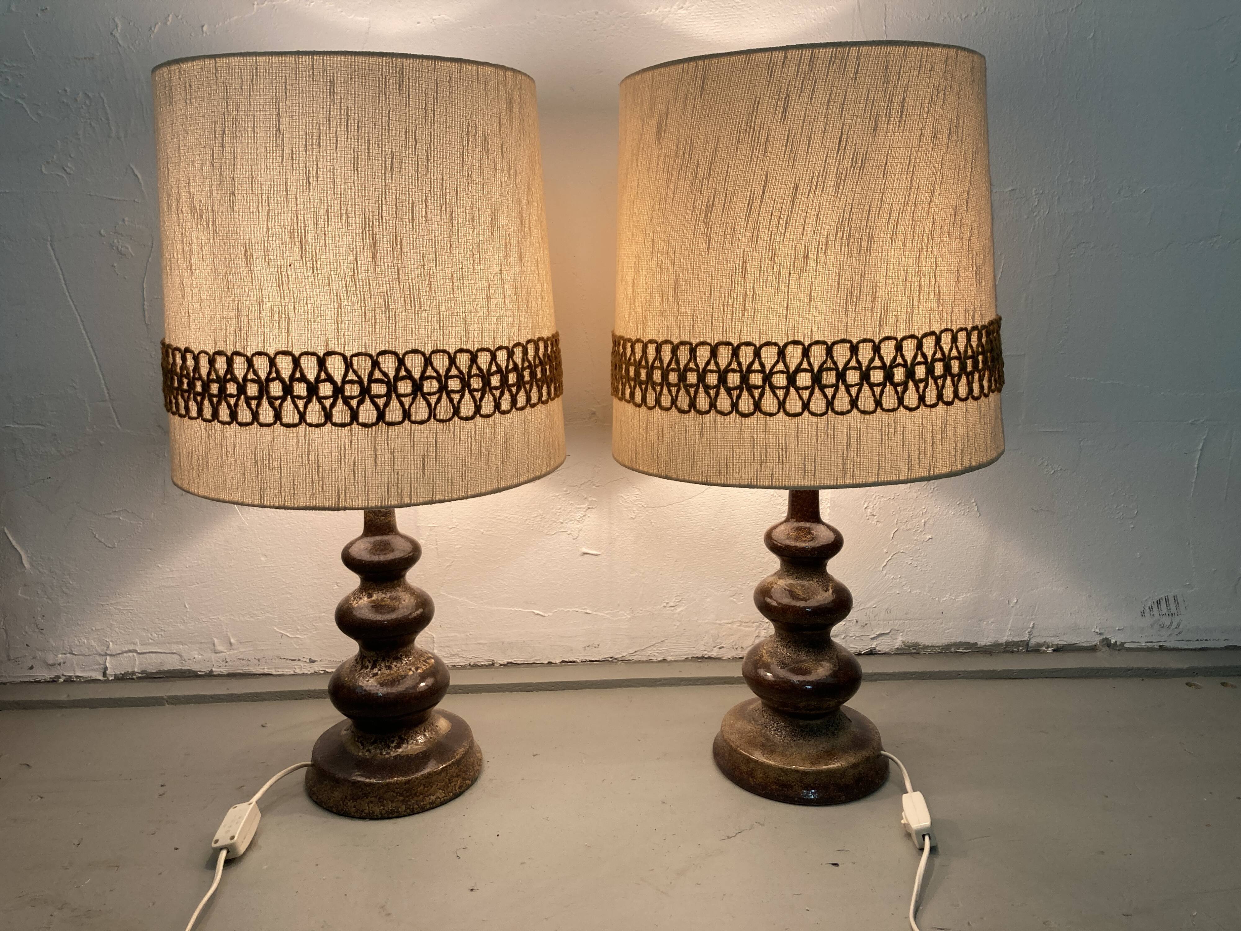 Pair fat lava ceramic curvy organic table lamps, Germany, 1960s