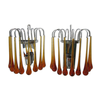 Pair of wall lamps spider drops amber Murano