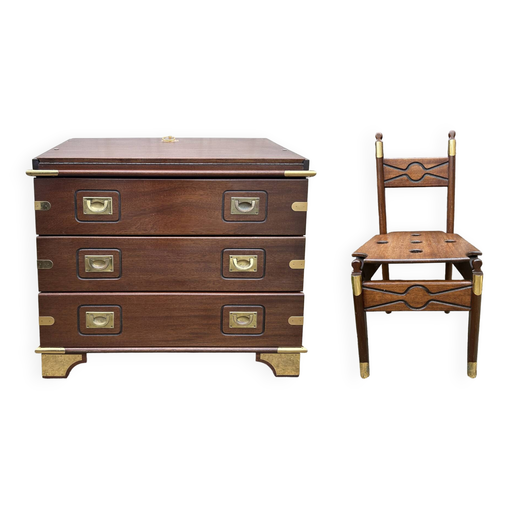 Vintage navy wood scriban chest of drawers and chair