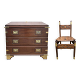 Commode scriban de marine bois laiton vintage et sa chaise