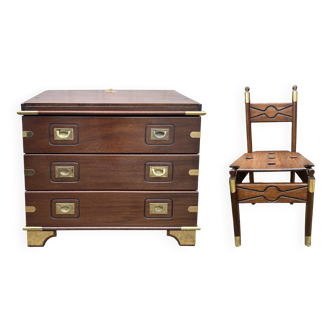 Commode scriban de marine bois laiton vintage et sa chaise