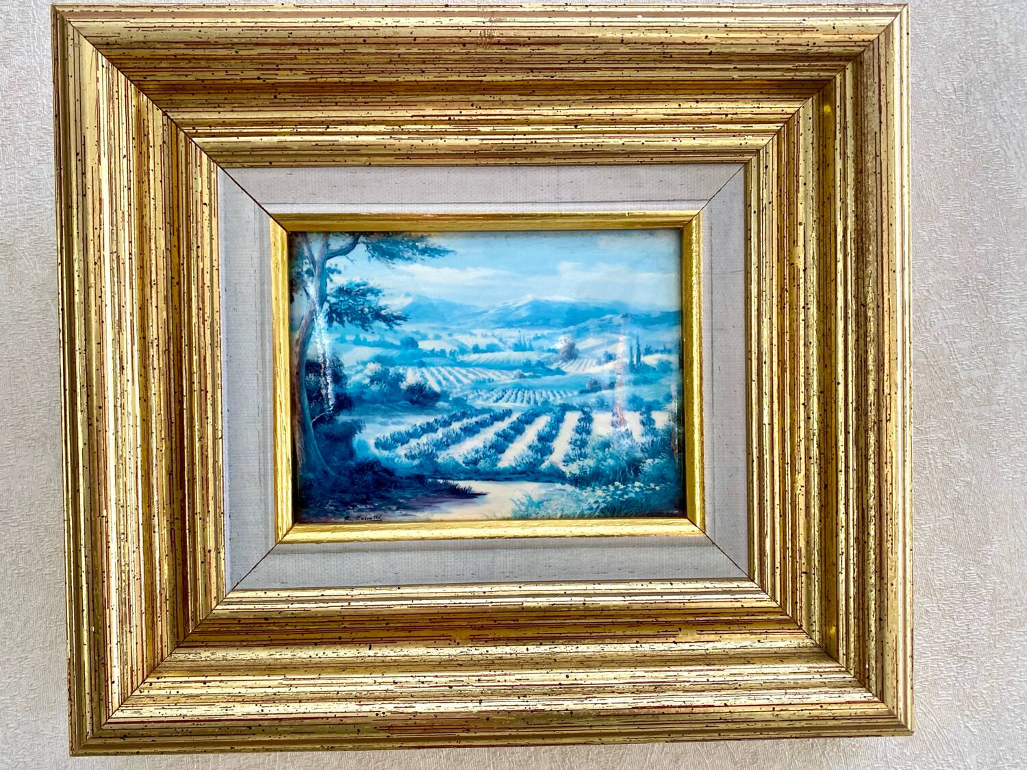 Old Glass Fixed - Provençal Landscape - Signed R. Rossetti - Vintage