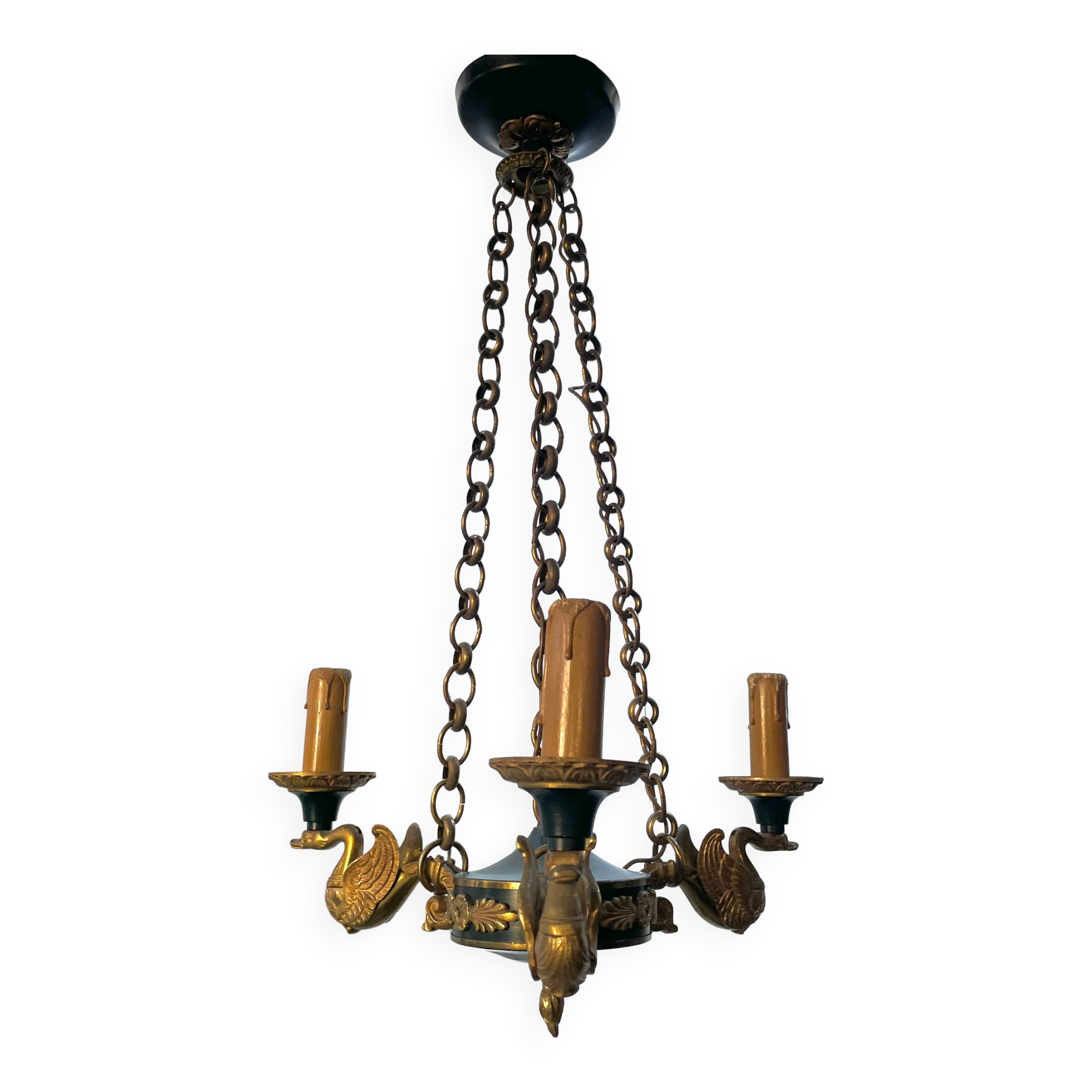 Lucien gau chandelier pendant lamp in bronze with swan decoration.