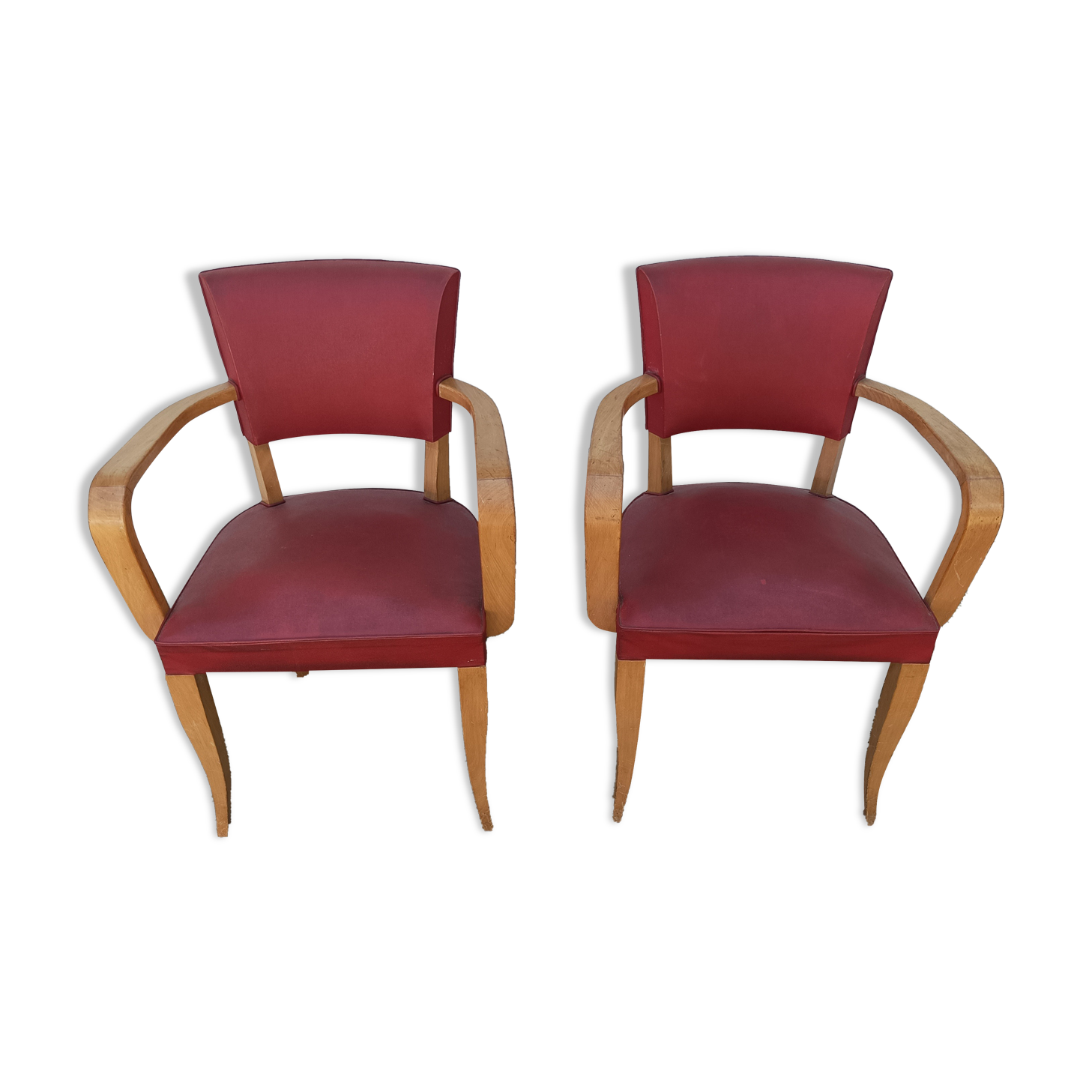 Pair old armchairs bridge skaï red chair