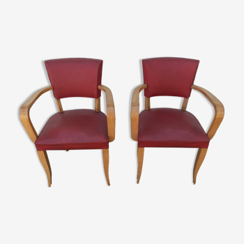 Pair old armchairs bridge skaï red chair