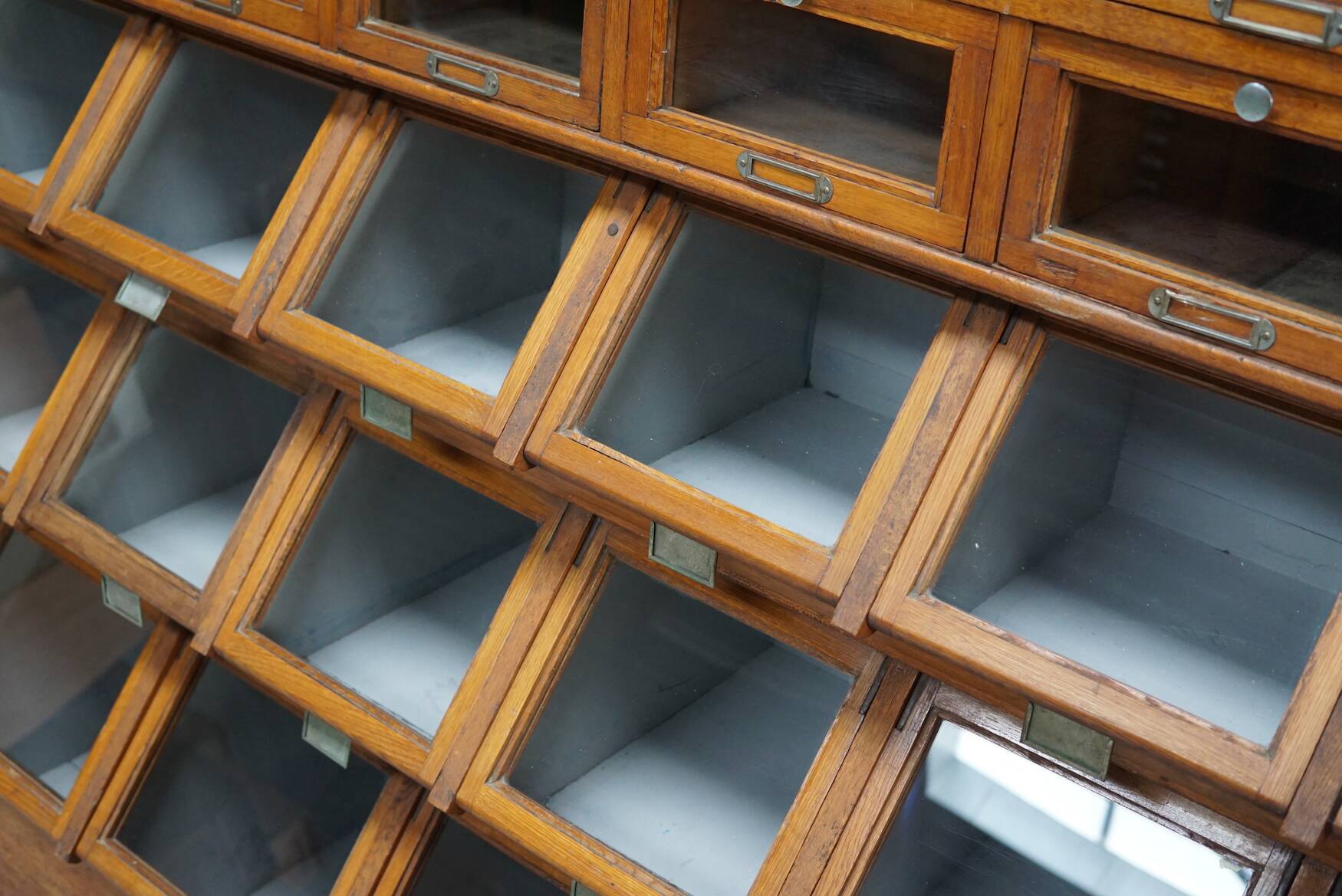 Very large Dutch oak showcase for grocery or haberdashery, 1920s-1930s