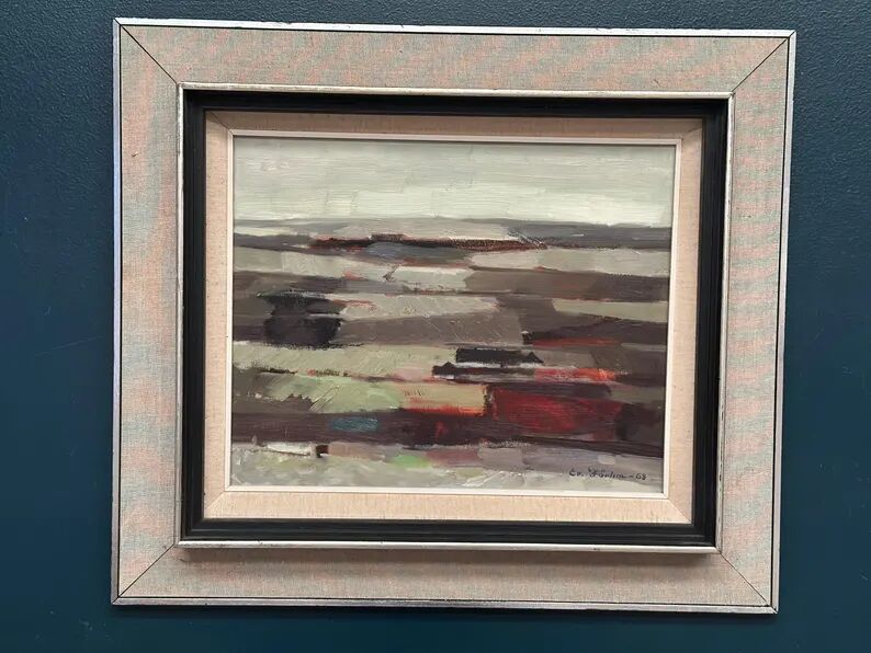Original Swedish Oil on Panel – “Field Patches” by Evert Färhm (1901–1971) – Signed – 1968 – Vintage & Framed – 61 × 53 cm (24" × 20.9")