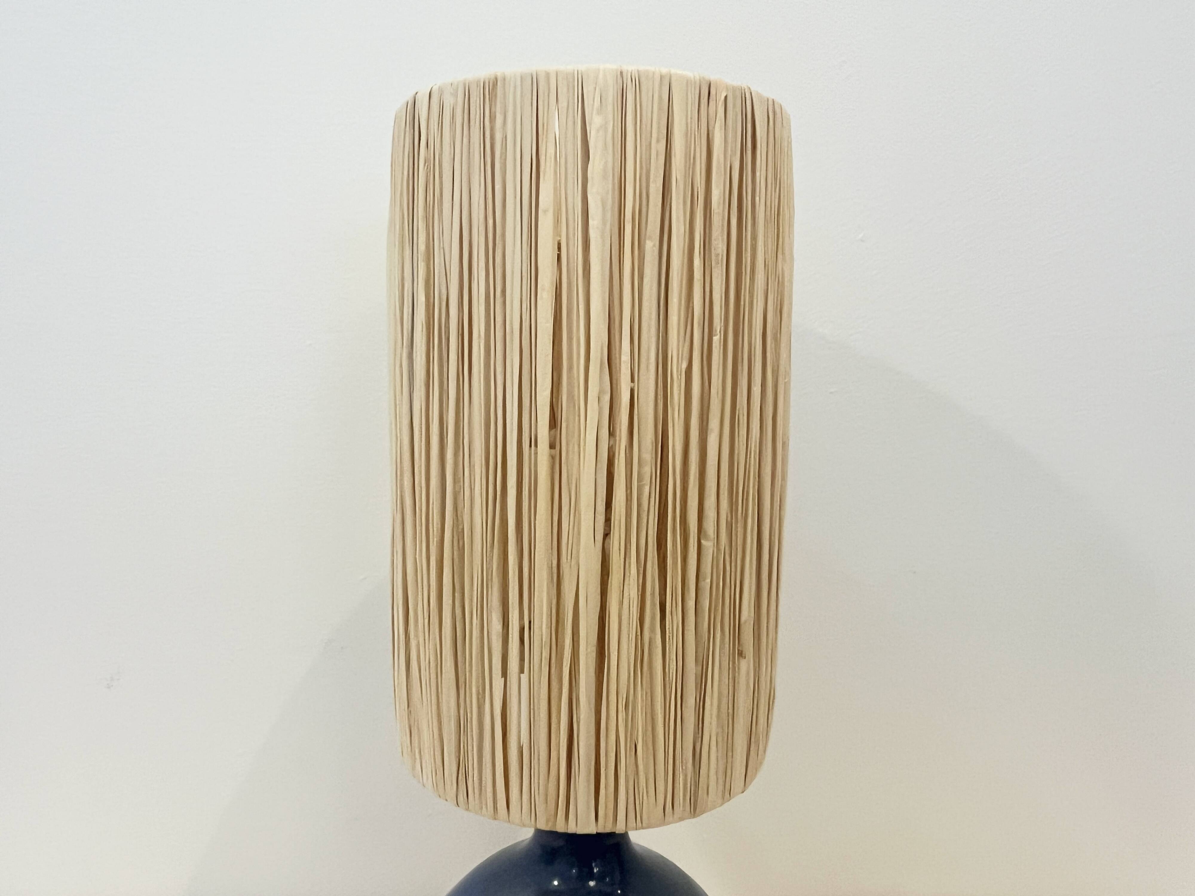 Vintage ball lamp base in blue ceramic stoneware with raffia rope lampshade