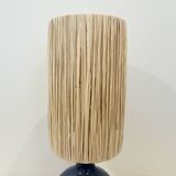 Vintage ball lamp base in blue ceramic stoneware with raffia rope lampshade