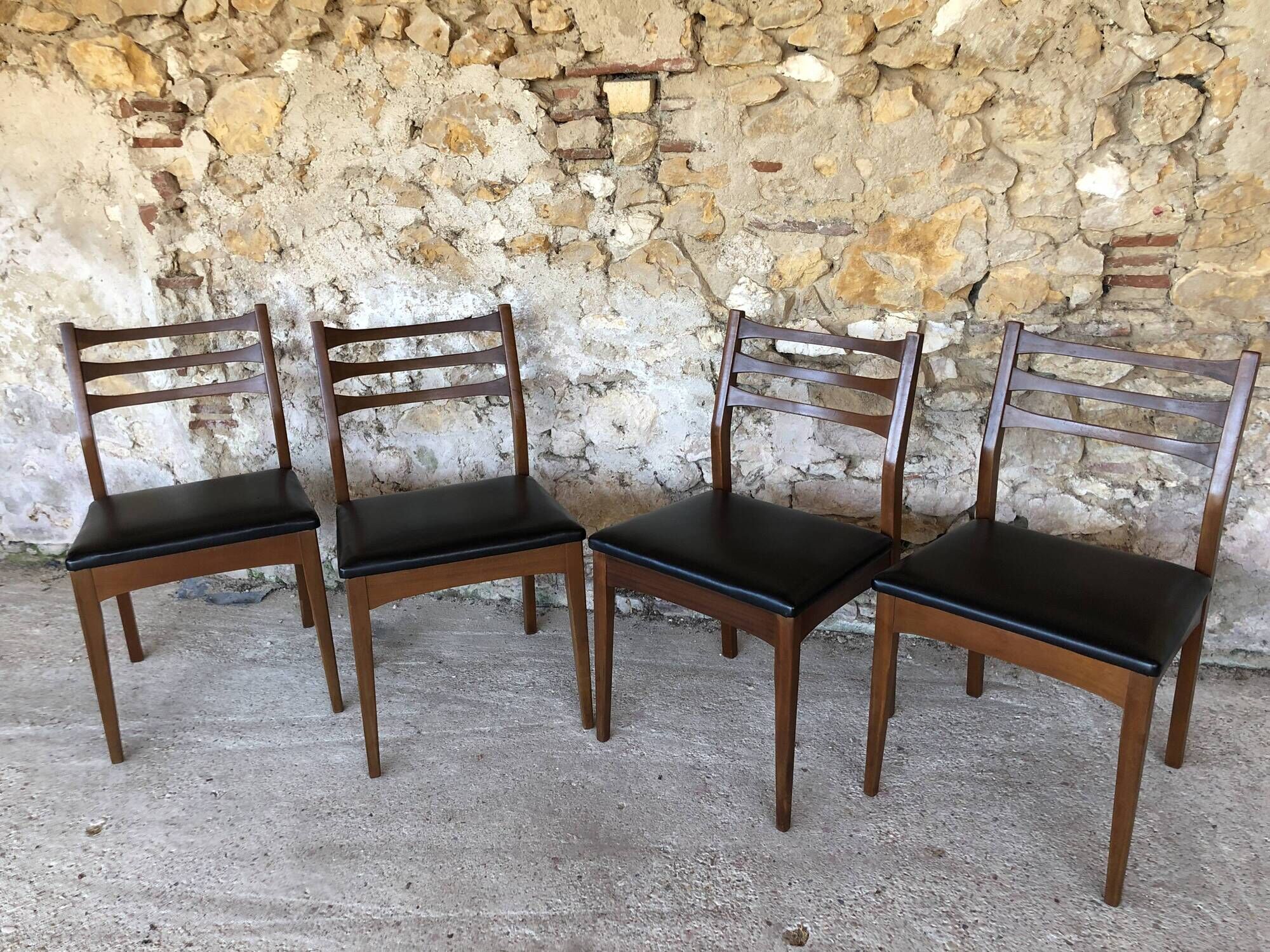 Set of 4 Scandinavian chairs teak and black skai 60s