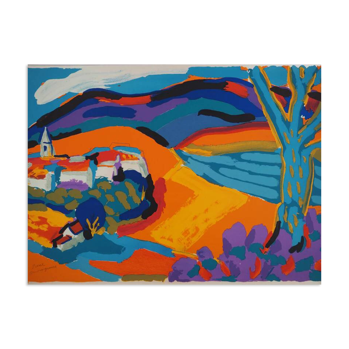 Pierre Ambrogiani: Village on the Hill, Original Signed Lithograph