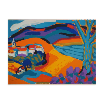 Pierre Ambrogiani: Village on the Hill, Original Signed Lithograph