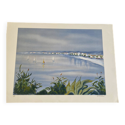 Lithographie signée le l’artiste Francais Victor ZAROU - Vue littoral