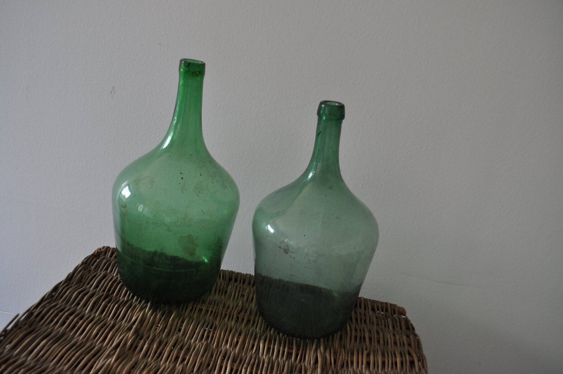 Pair of vintage green glass wine bottles – Hungary / Czech Republic, set of 2
