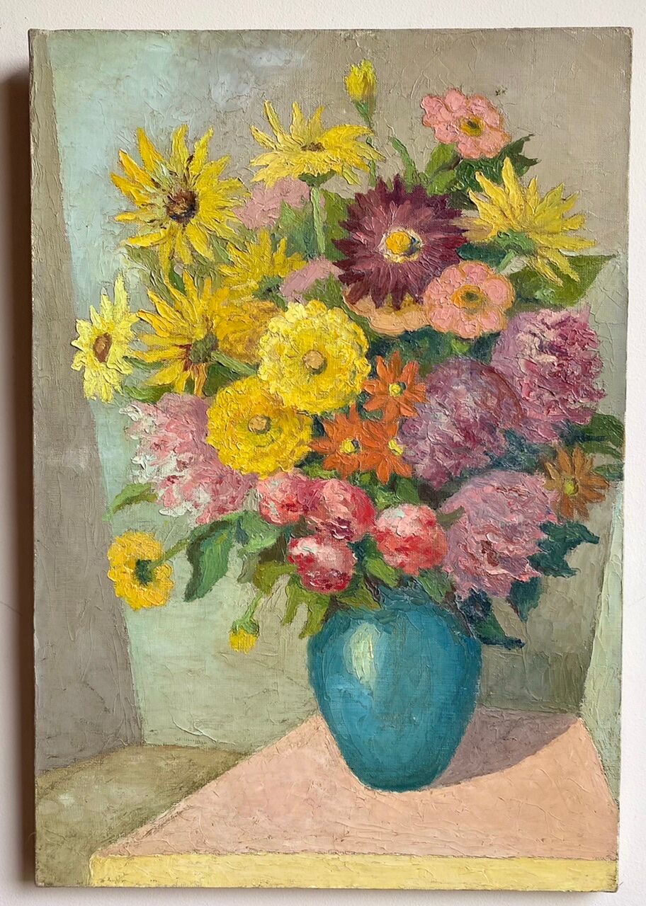 Antique painting, still life with blue vase and flowers, mid-20th century