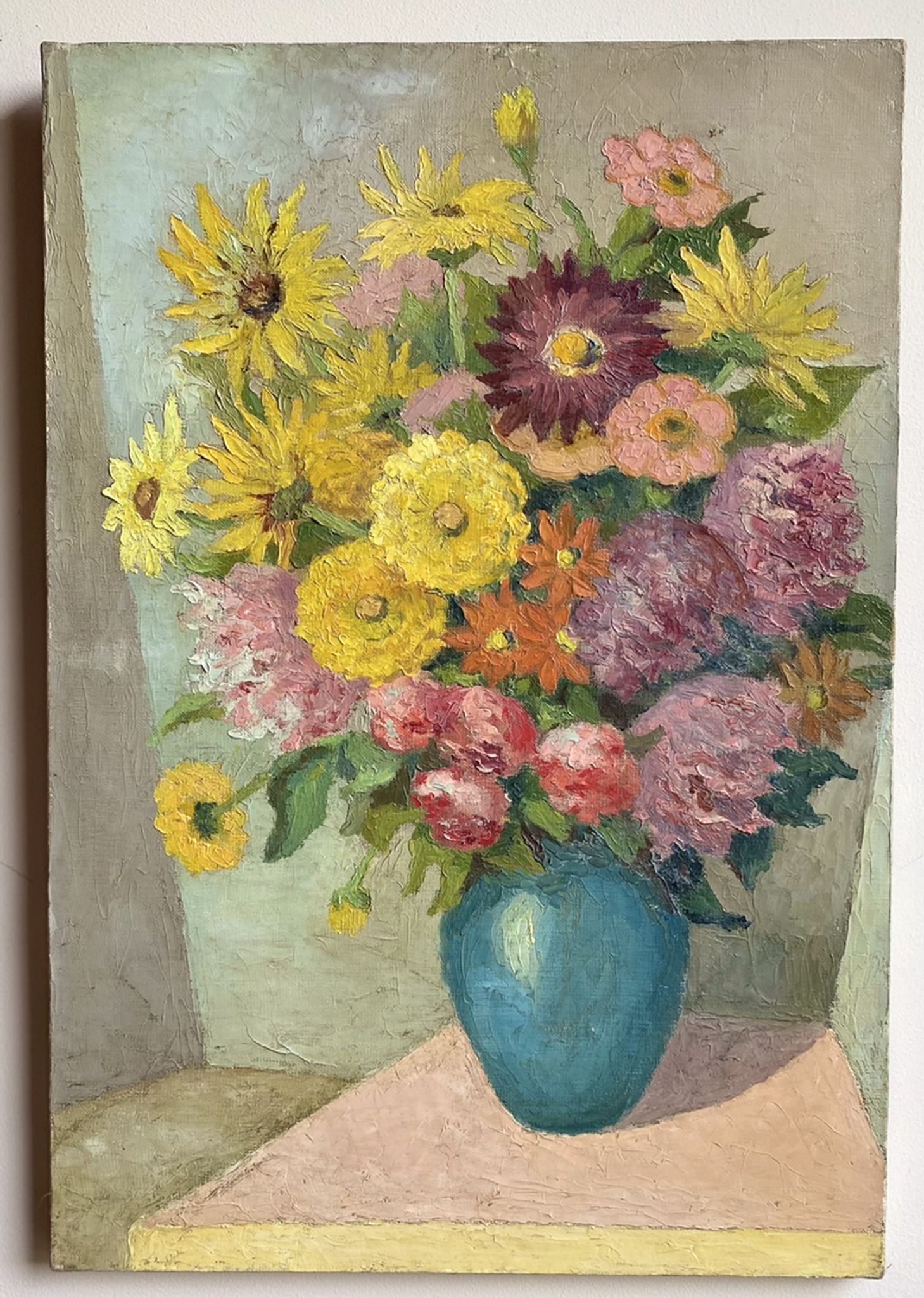 Antique painting, still life with blue vase and flowers, mid-20th century